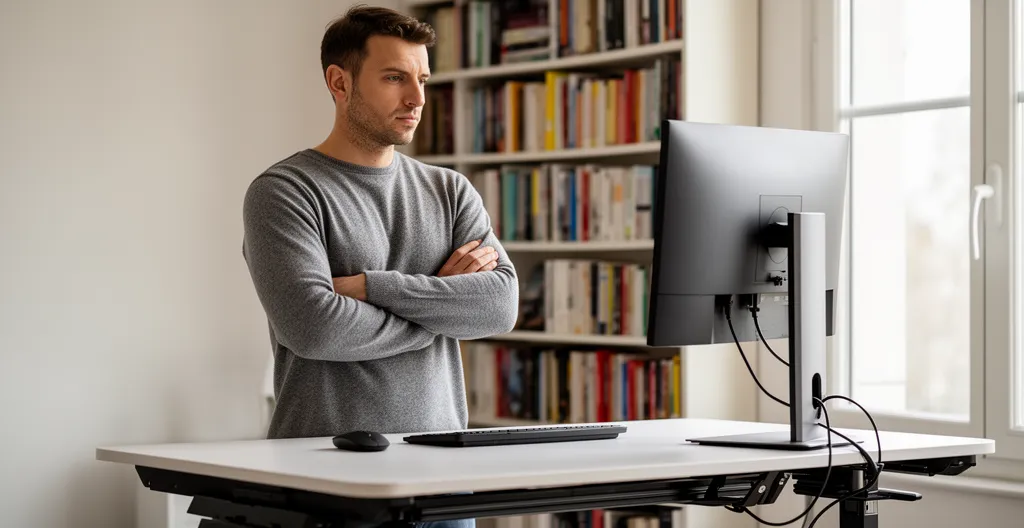 Professionnel debout à son bureau correctement réglé avec posture ergonomique optimale