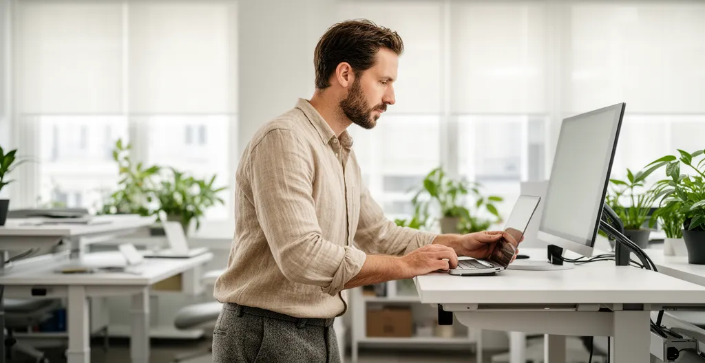 Professionnel ajustant la hauteur de son bureau assis debout ergonomique