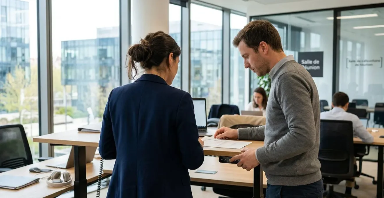 Deux collaborateurs debout devant un bureau réglable en hauteur dans un open space moderne lumineux