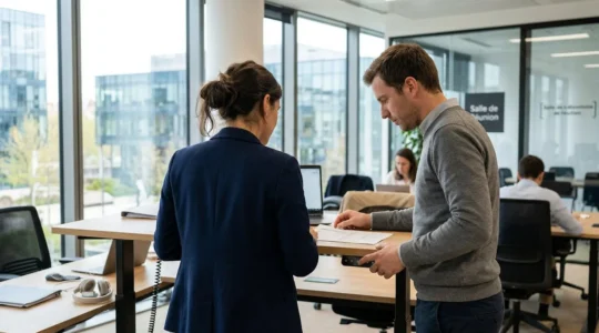 Deux collaborateurs debout devant un bureau réglable en hauteur dans un open space moderne lumineux