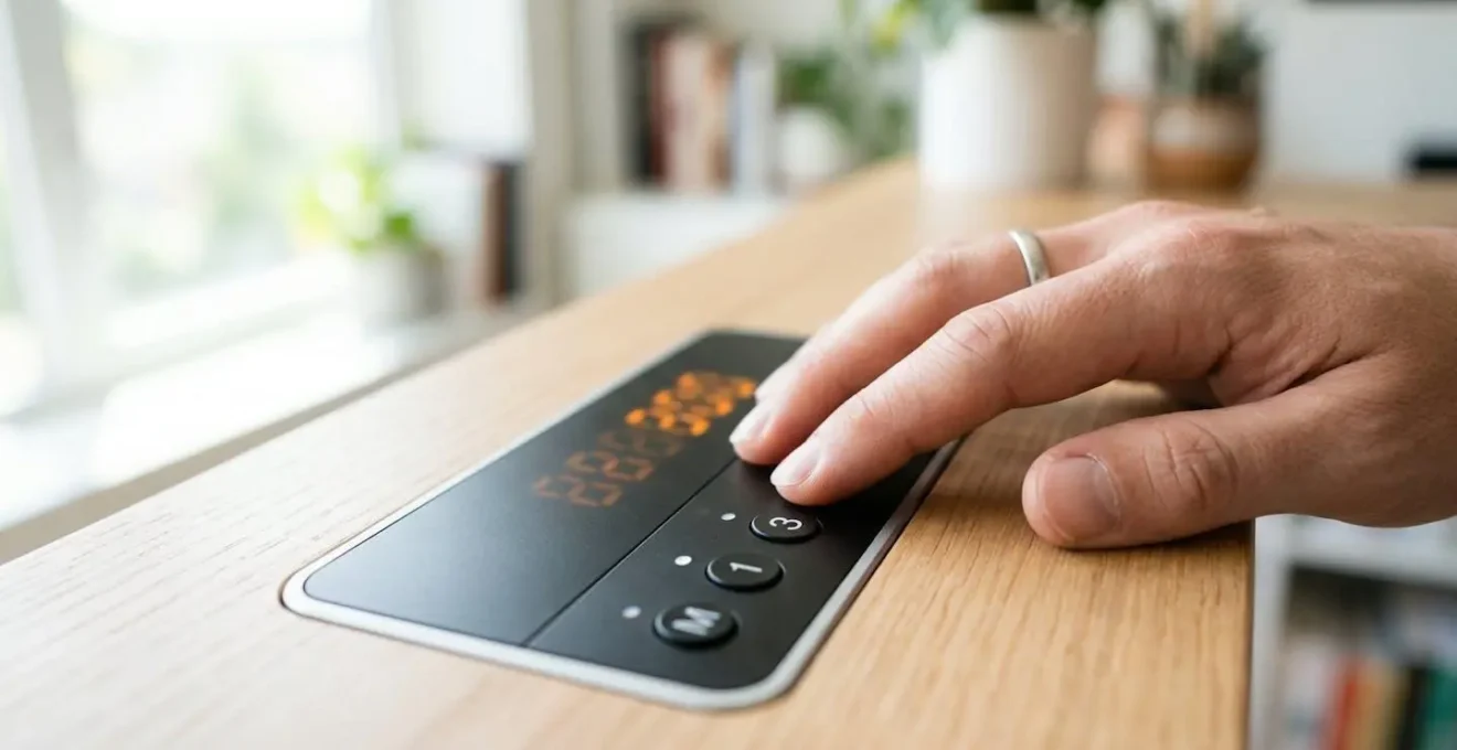 Gros plan d'une main ajustant le panneau de commande d'un bureau électrique avec affichage numérique flouté