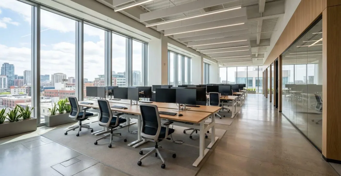Open space moderne lumineux avec rangée de bureaux réglables vides, lumière naturelle des fenêtres, mobilier contemporain épuré