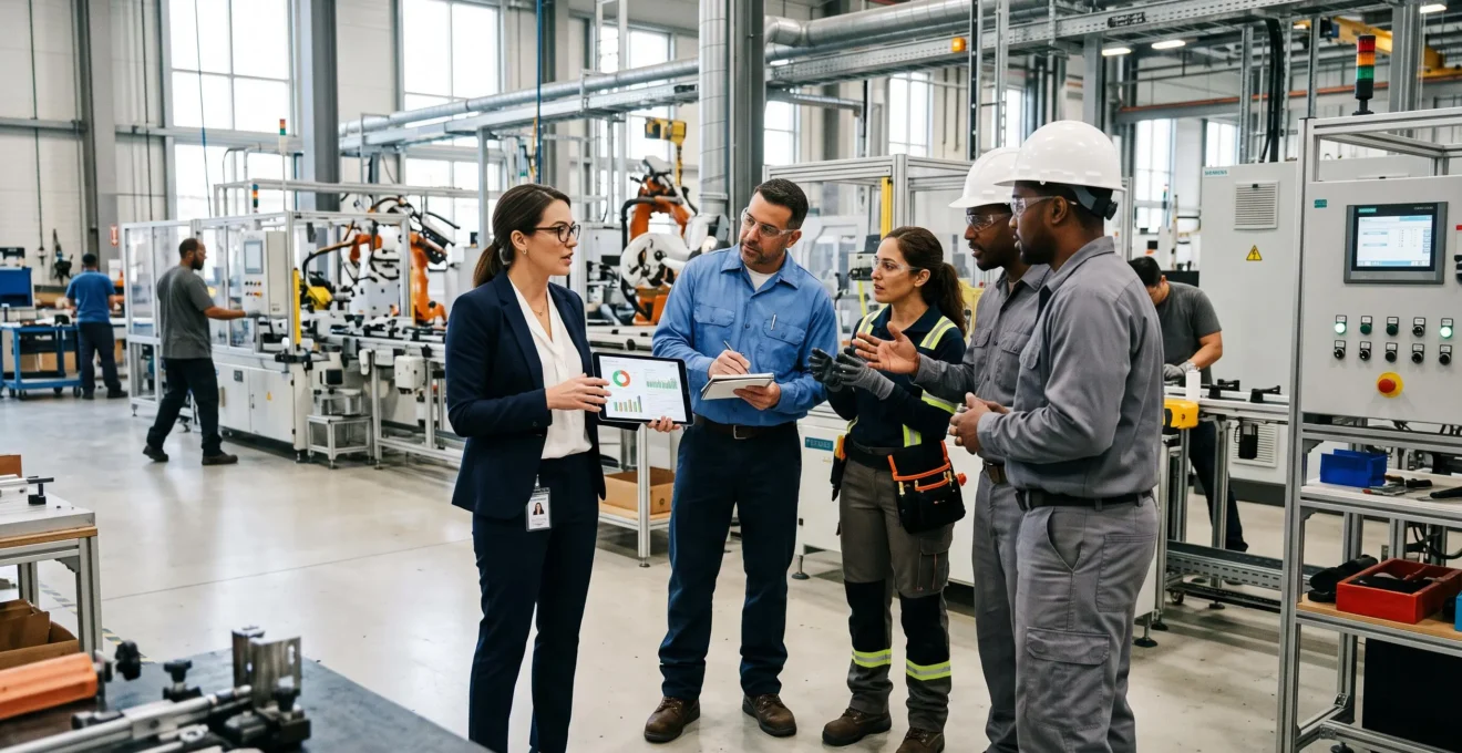 Consultant en accompagnement industriel échangeant avec une équipe d'opérateurs dans un atelier de production moderne