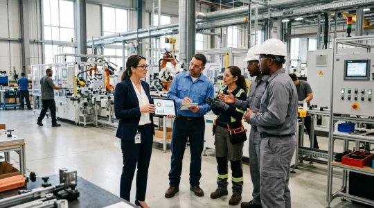 Consultant en accompagnement industriel échangeant avec une équipe d'opérateurs dans un atelier de production moderne