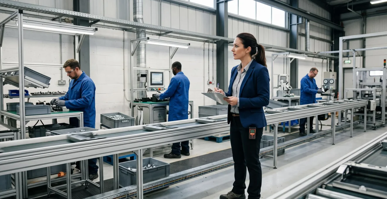 Consultant réalisant un diagnostic terrain en observant et documentant les flux de production industrielle