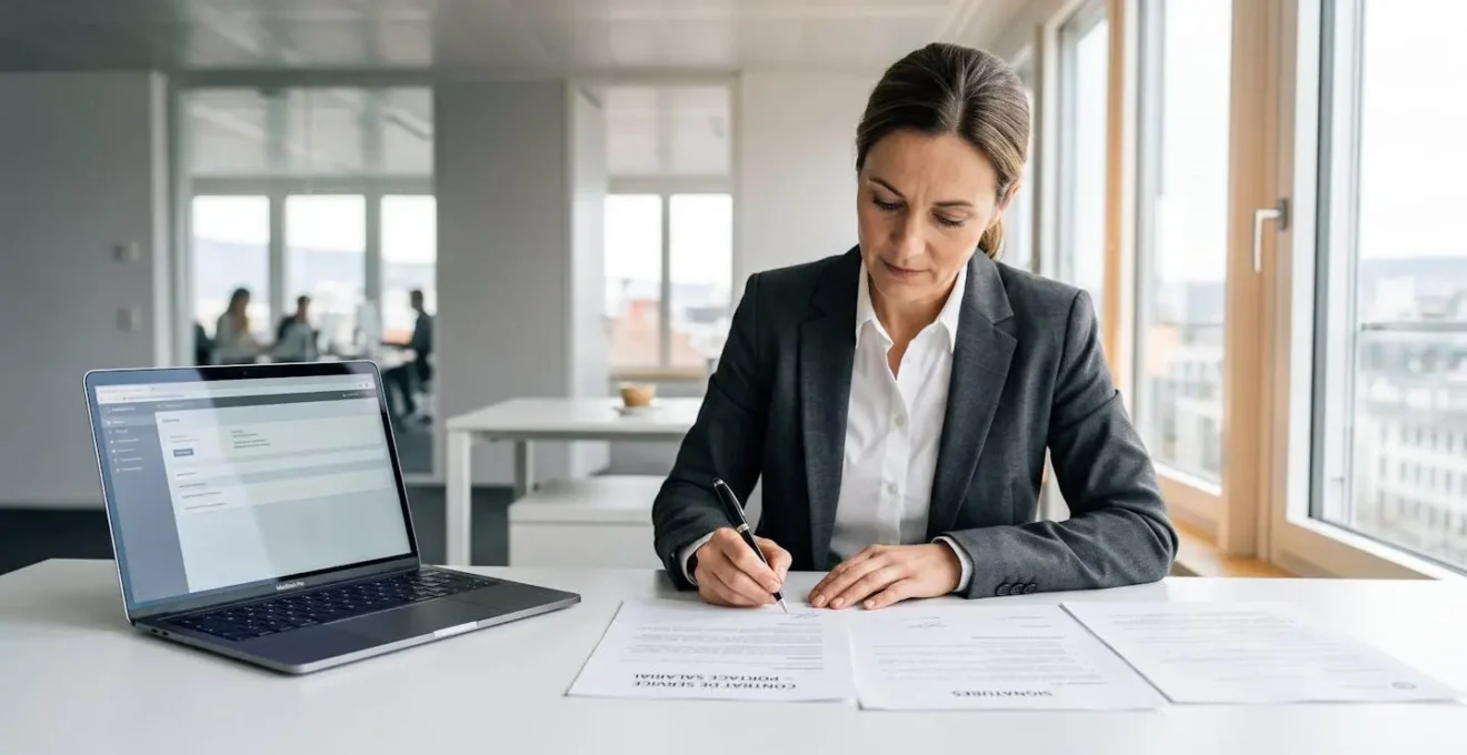 Consultant en train de signer un contrat de portage salarial dans un bureau moderne, avec documents administratifs et ordinateur portable ouvert sur le bureau