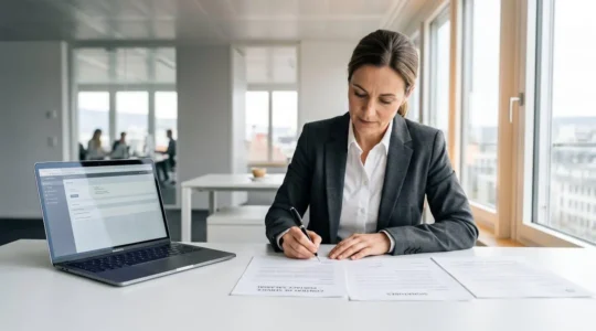 Consultant en train de signer un contrat de portage salarial dans un bureau moderne, avec documents administratifs et ordinateur portable ouvert sur le bureau