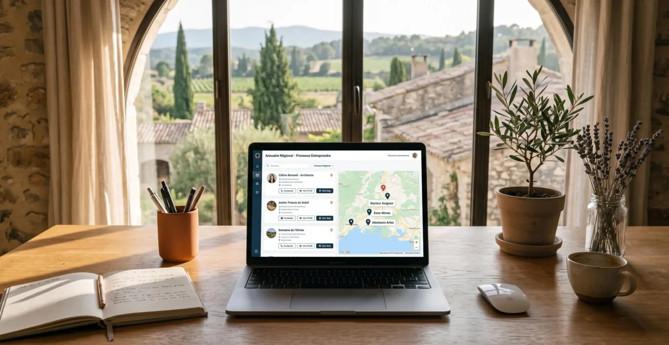 Écran d'ordinateur affichant un annuaire professionnel régional avec des profils d'entreprises localisées en Provence