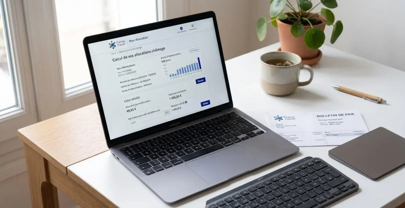 Écran d'ordinateur affichant l'interface France Travail avec calcul des allocations chômage, bulletin de salaire de portage visible sur le bureau