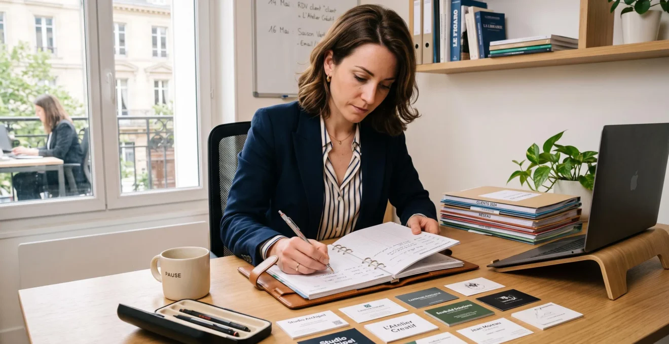 Entrepreneur organisant méthodiquement ses contacts professionnels dans un planning de suivi structuré