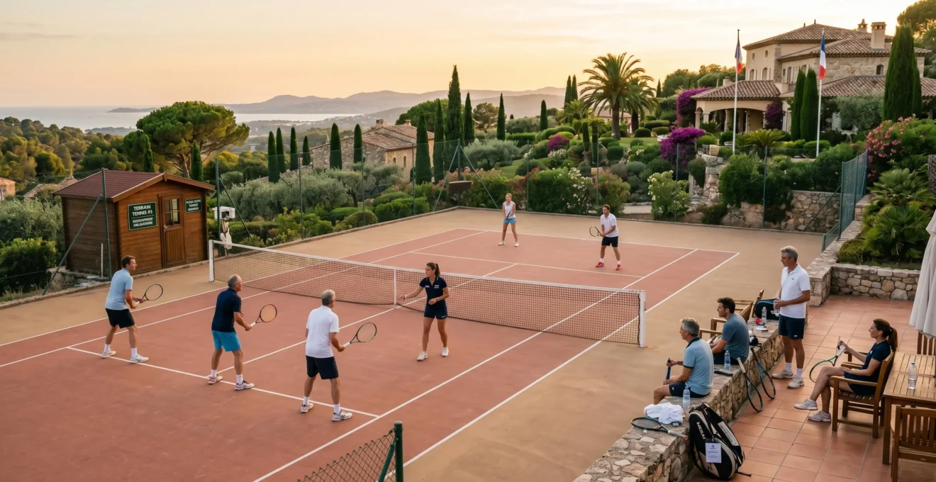 Équipe d'entreprise participant à un coaching tennis sur court extérieur de resort, encadrement professionnel dans cadre méditerranéen