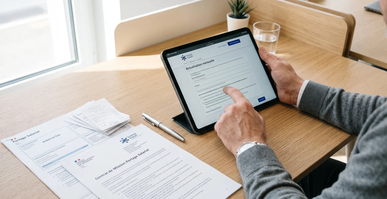 Mains remplissant l'actualisation mensuelle France Travail sur tablette, avec documents de portage salarial organisés sur le bureau