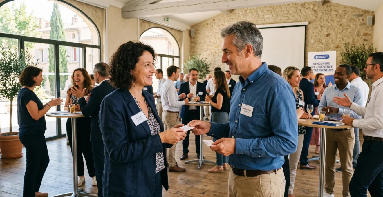 Professionnels en conversation naturelle lors d'un événement networking dans une salle de conférence moderne en Provence