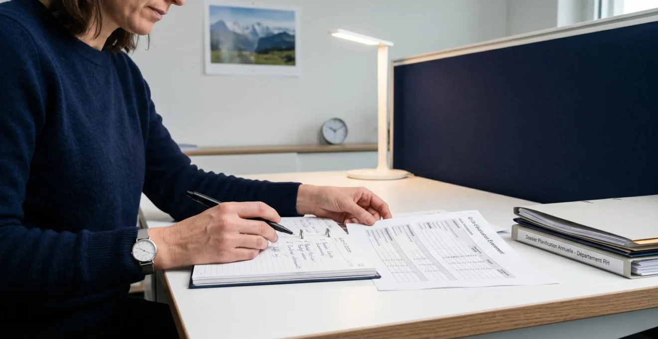 Responsable RH examinant documents de planification événementielle sur bureau moderne avec agenda et critères de sélection