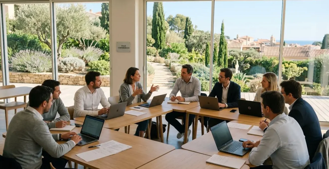 Salle de séminaire lumineuse avec participants en session de travail, grandes fenêtres donnant sur jardins méditerranéens, tables modulables et équipements modernes