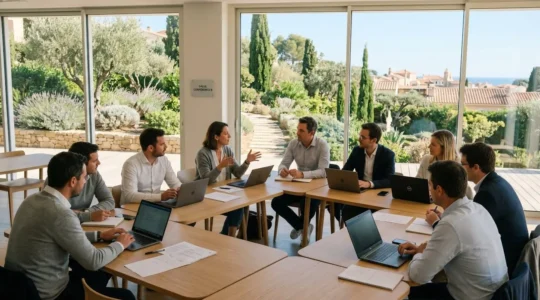 Salle de séminaire lumineuse avec participants en session de travail, grandes fenêtres donnant sur jardins méditerranéens, tables modulables et équipements modernes