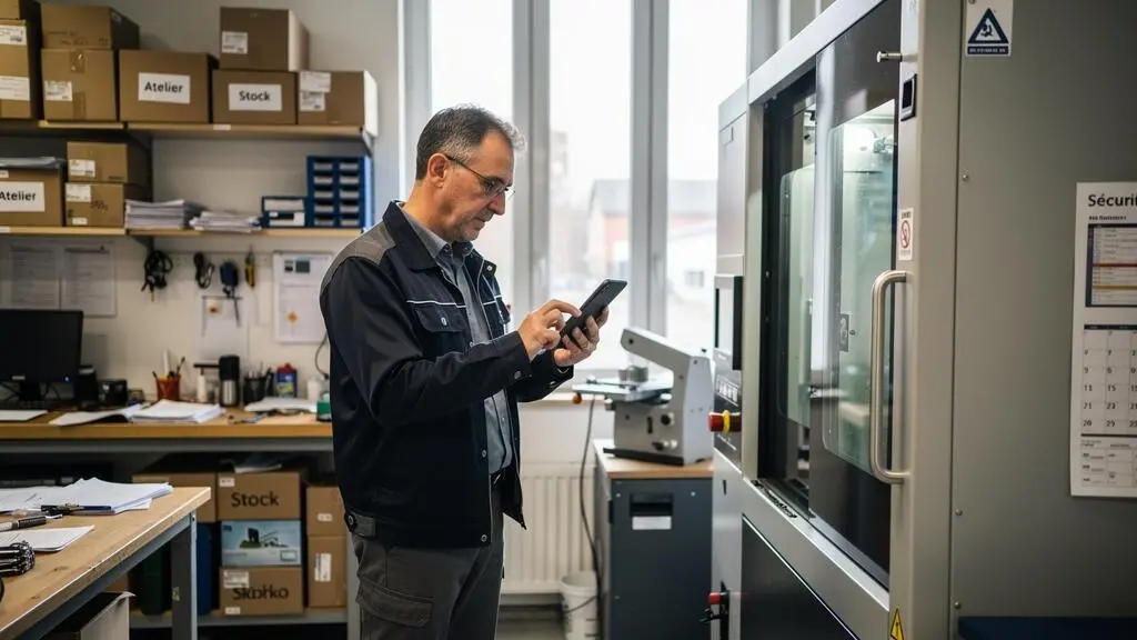 Chef d'entreprise documentant son équipement professionnel avec une tablette pour constituer les justificatifs nécessaires au dossier de demande de subvention