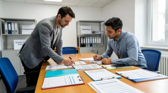 Entrepreneur et conseiller en aides publiques travaillant ensemble sur un dossier de demande de subvention dans un bureau d'organisme de soutien aux entreprises français