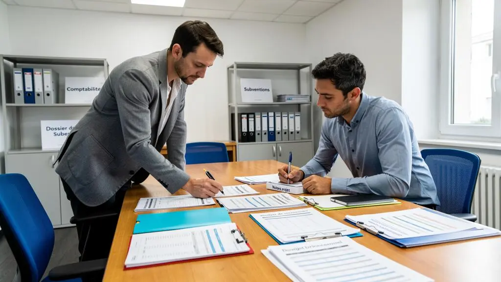 Entrepreneur et conseiller en aides publiques travaillant ensemble sur un dossier de demande de subvention dans un bureau d'organisme de soutien aux entreprises français