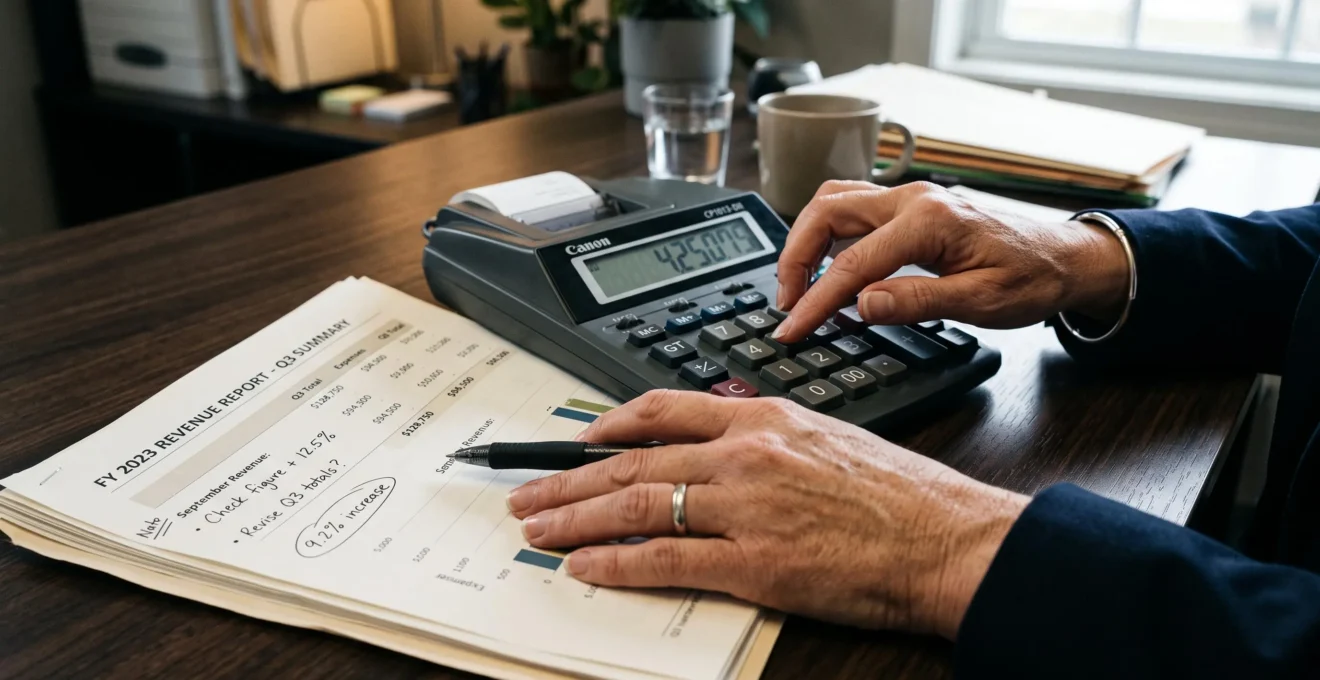 Un comptable calcule des indicateurs financiers à partir d'un rapport imprimé sur son bureau.