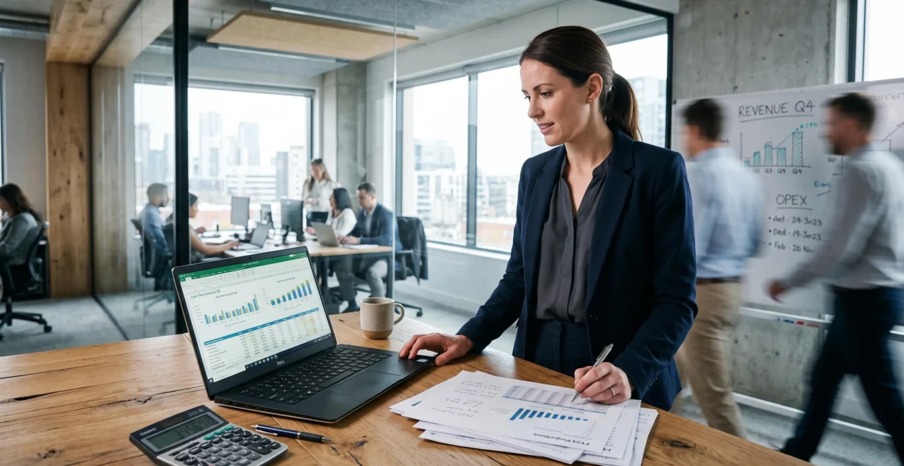 Un responsable financier analyse un tableau de trésorerie sur son ordinateur portable au bureau.